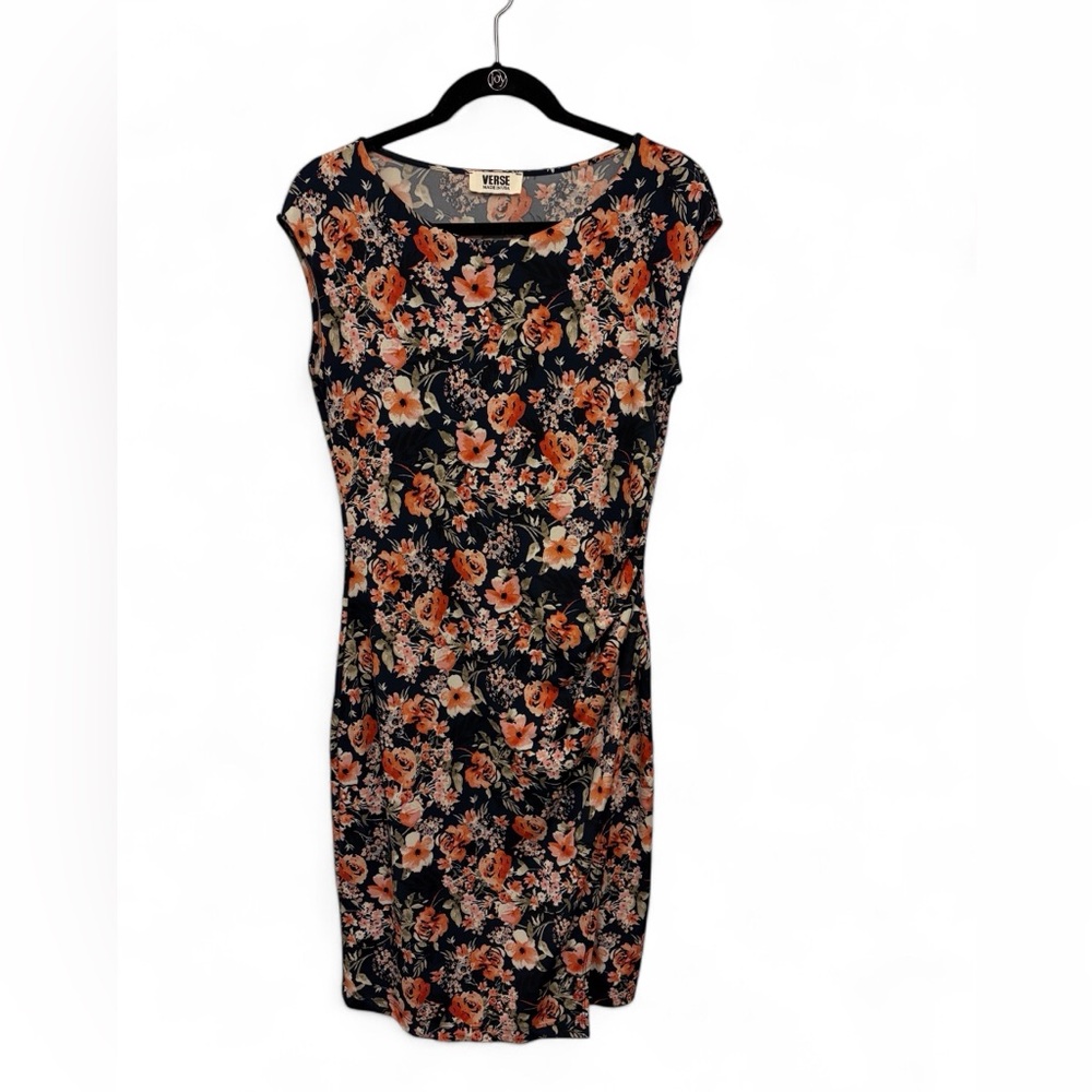 Verse Navy Floral Ruched Sheath Dress Sleeveless Stretch Workwear Medium